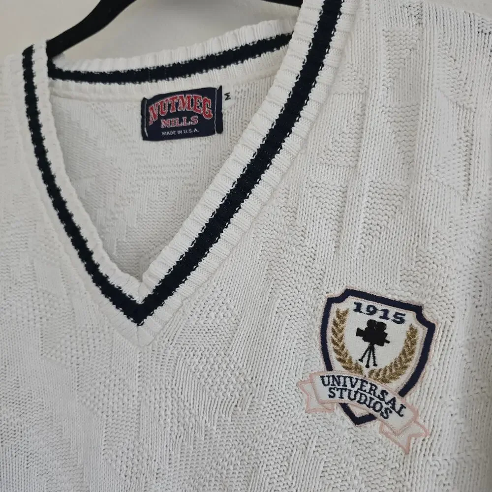 Vintage Nutmeg Universal Studio Men's V-neck Sweater SZ-M Textured Cotton Preppy